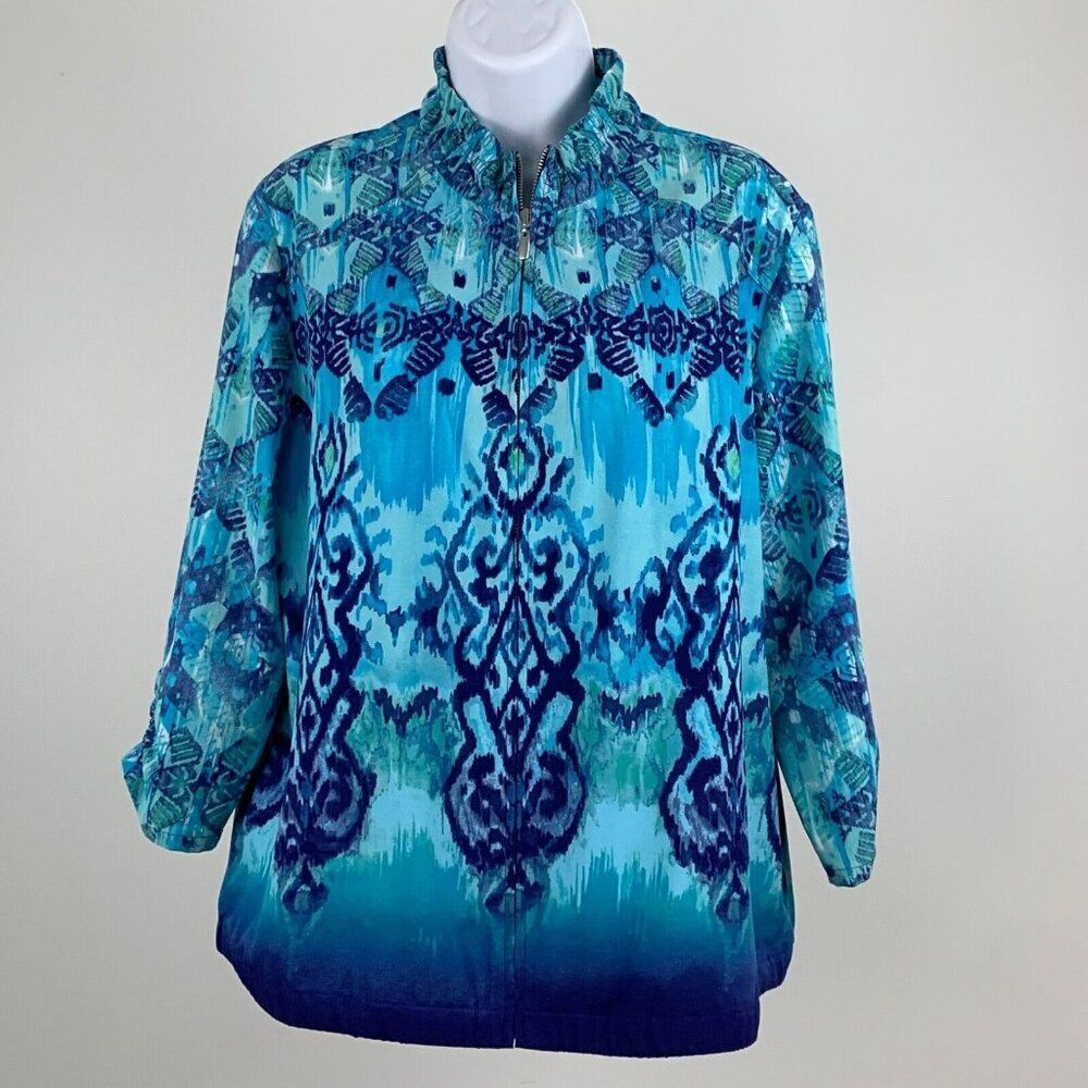 Chico's Zenergy Jacket sz 2 (12) Blue Pattern Zip Front Windbreaker 3/4 Sl